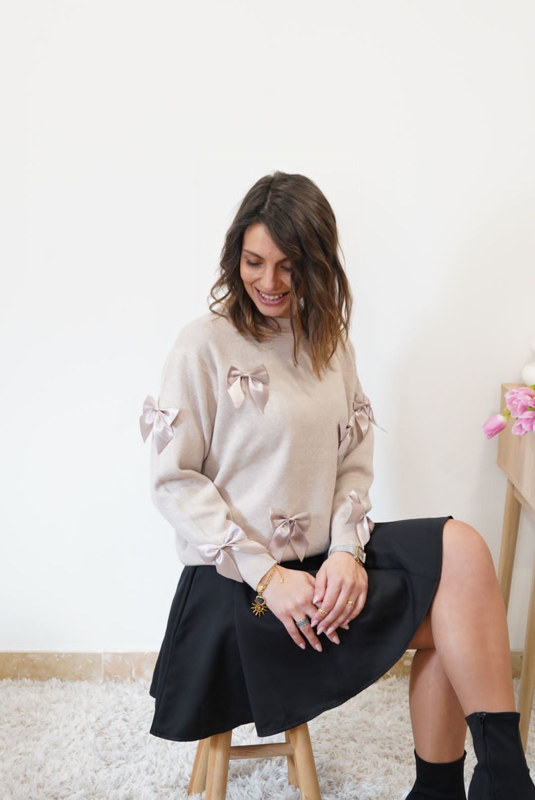 Pull Lisa avec noeuds - Beige - Jad'Or la Mode- La mode au service-de-la-féminité