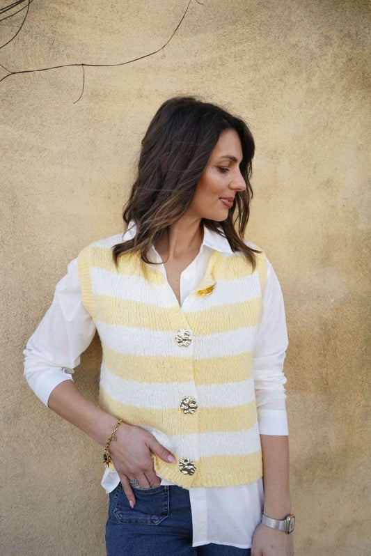 Gilet sans manches boutonné rayé jaune - Jad'Or la Mode- La mode au service-de-la-féminité