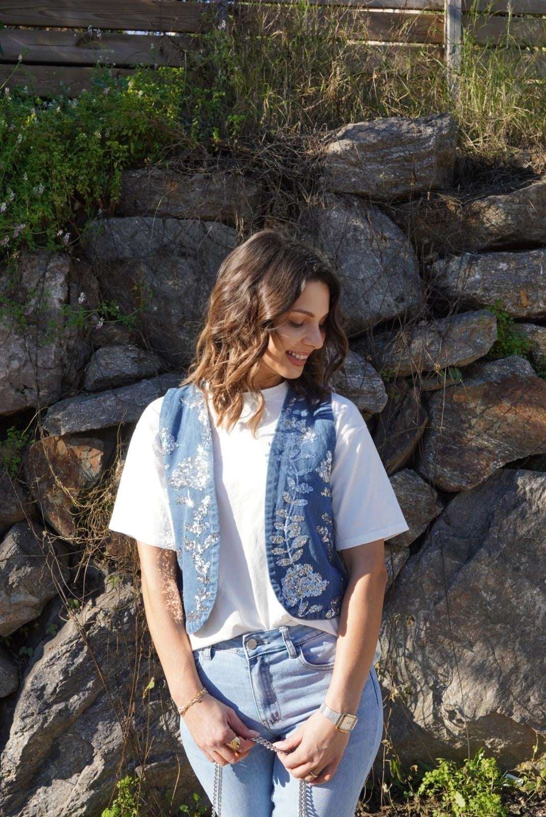 Gilet à strass sans manches - Denim - Jad'Or la Mode- La mode au service-de-la-féminité