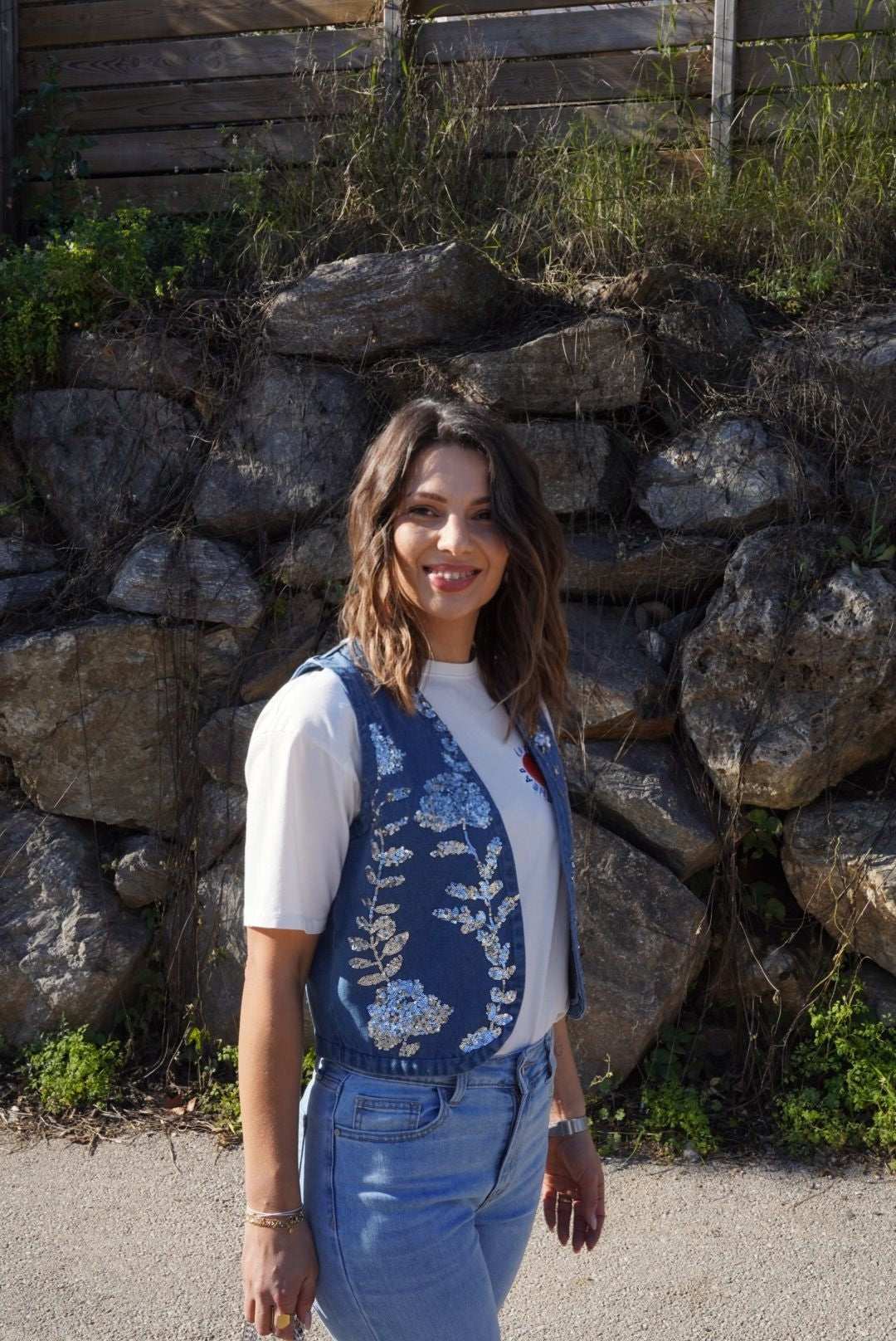 Gilet à strass sans manches - Denim - Jad'Or la Mode- La mode au service-de-la-féminité