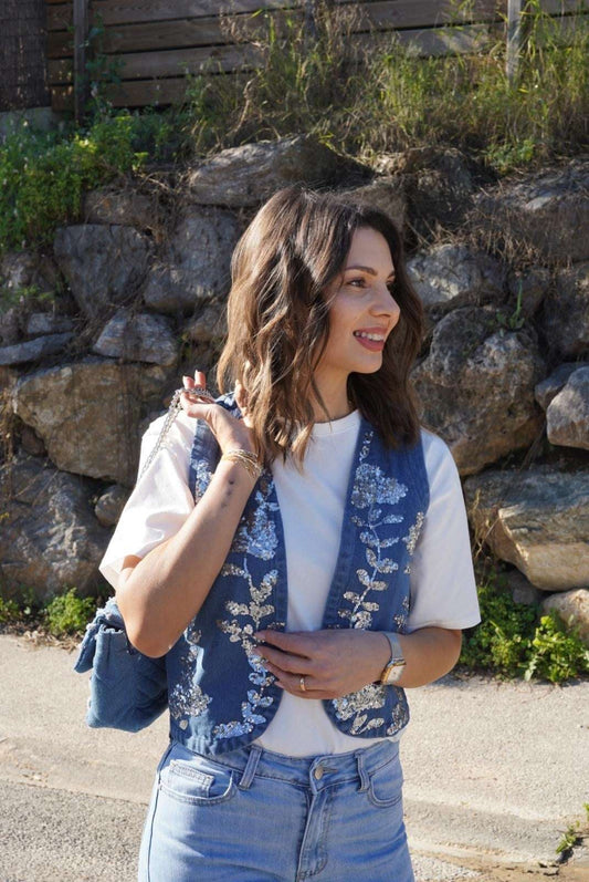 Gilet à strass sans manches - Denim - Jad'Or la Mode- La mode au service-de-la-féminité