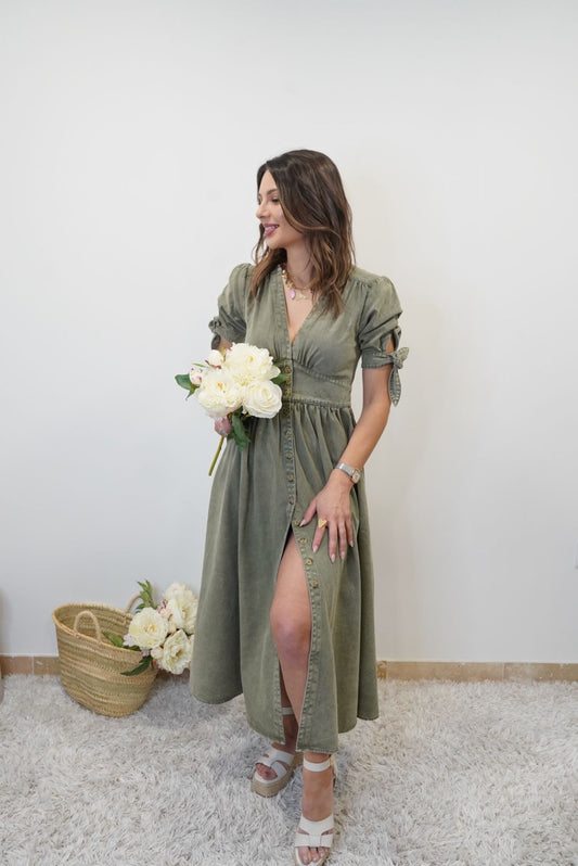 Robe Longue en Jean Héléna - Vert kaki - Jad'Or la Mode- La mode au service-de-la-féminité