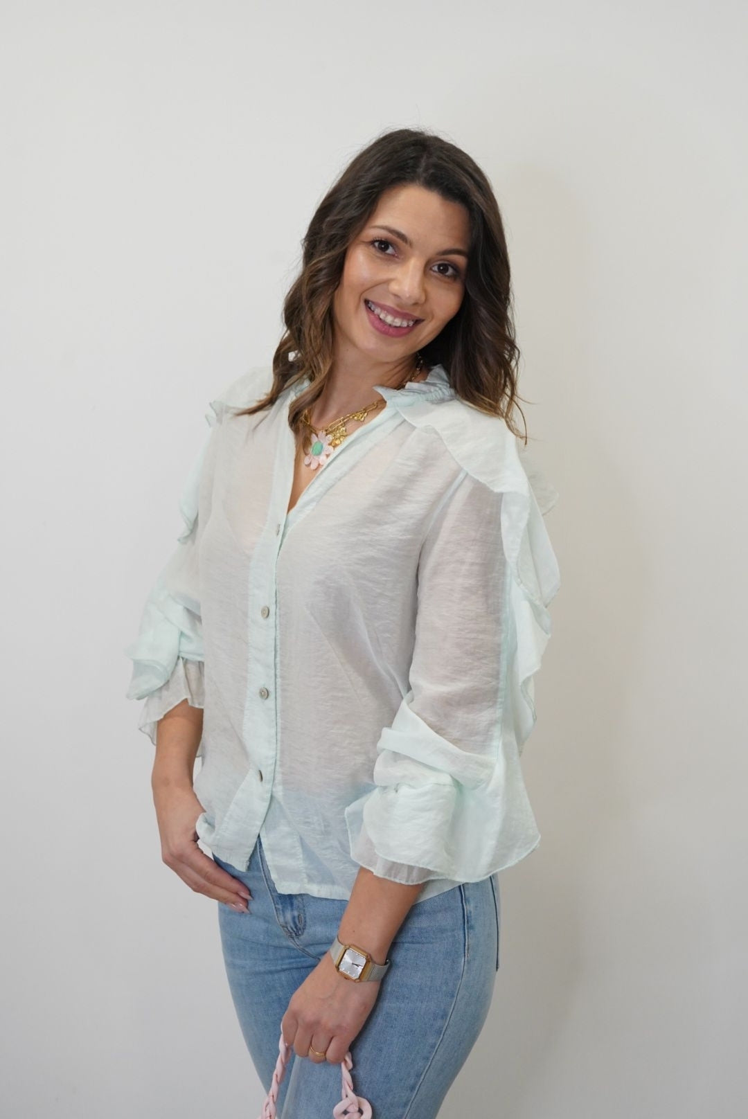 Chemise à volants Emma - Bleu - Jad'Or la Mode- La mode au service-de-la-féminité