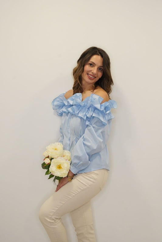 Chemise Lola col bardot à volants - bleu - Jad'Or la Mode- La mode au service-de-la-féminité