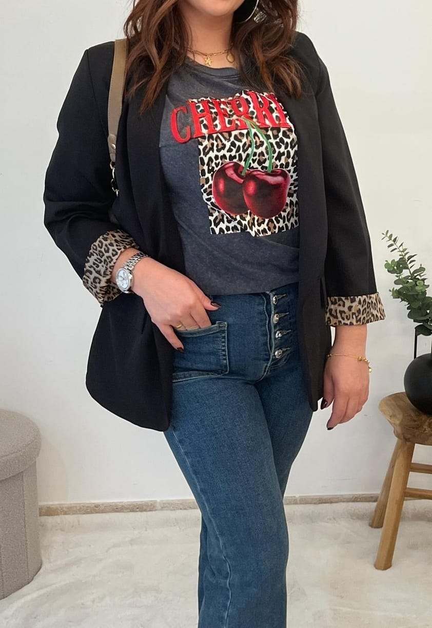 Blazer Noir avec doublure Léopard - Jad'Or la Mode- La mode au service-de-la-féminité