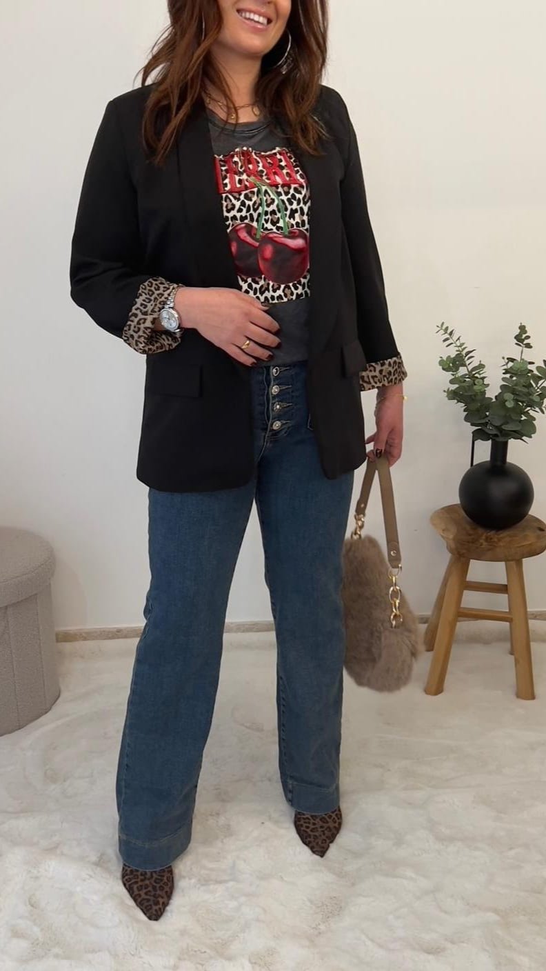 Blazer Noir avec doublure Léopard - Jad'Or la Mode- La mode au service-de-la-féminité