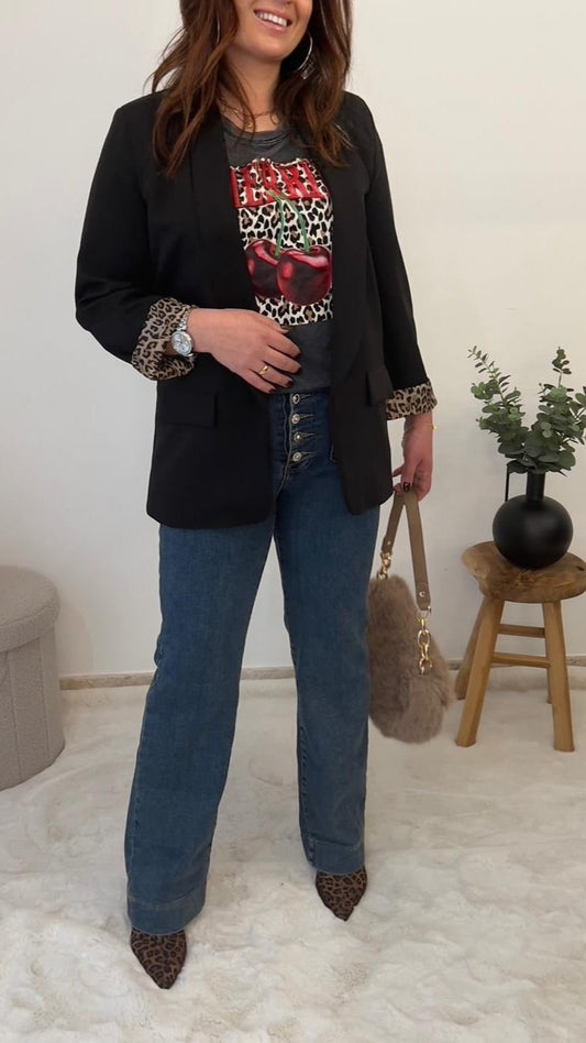 Blazer Noir avec doublure Léopard - Jad'Or la Mode- La mode au service-de-la-féminité