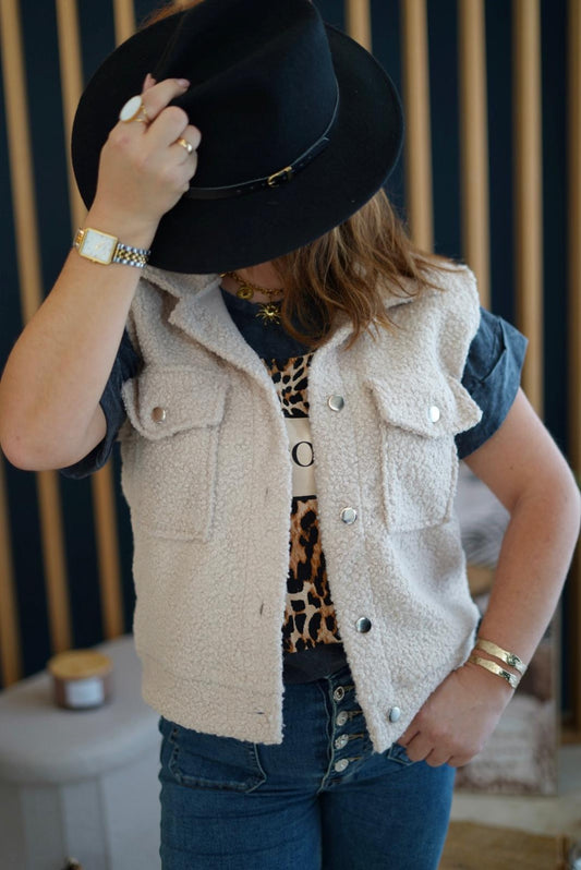 Veste sans manches bouclette Beige - Jad'Or la Mode- La mode au service-de-la-féminité