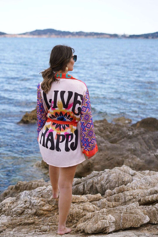 Kimono en soie coloré "Live Happy"- Nouvelle collection tendance été - Jad'Or la Mode- La mode au service-de-la-féminité