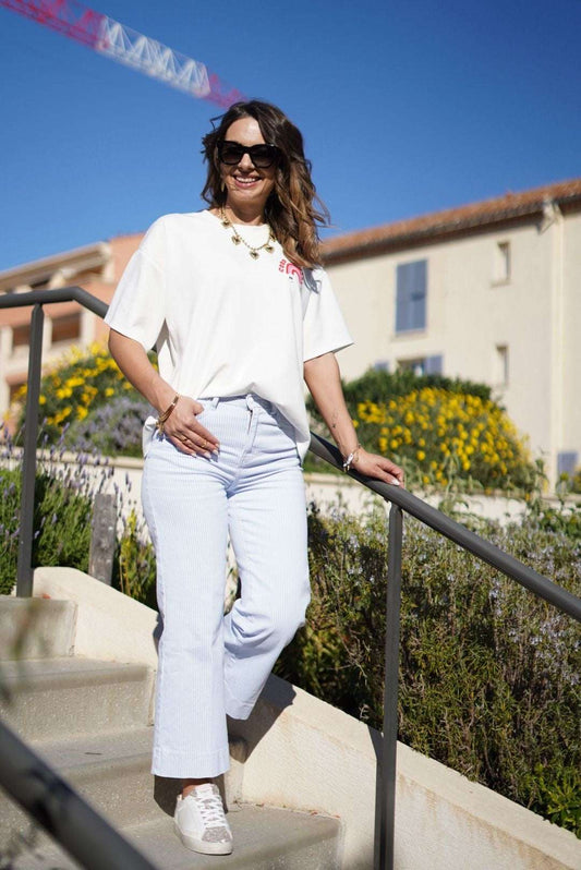 Jean Wide rayé bleu ciel et blanc - Jad'Or la Mode- La mode au service-de-la-féminité