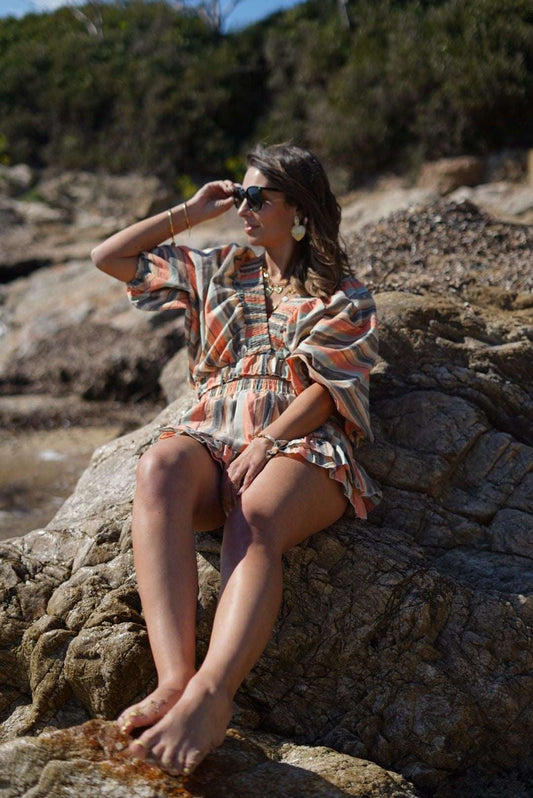 Ensemble d’été femme – Top à volants et jupe-short rayée bohème chic - Jad'Or la Mode- La mode au service-de-la-féminité
