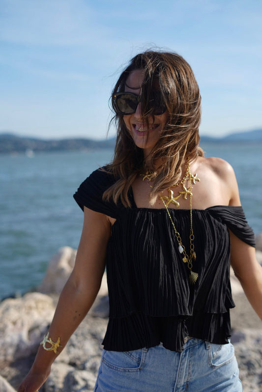 Haut noir plissé off-shoulder – Taille unique