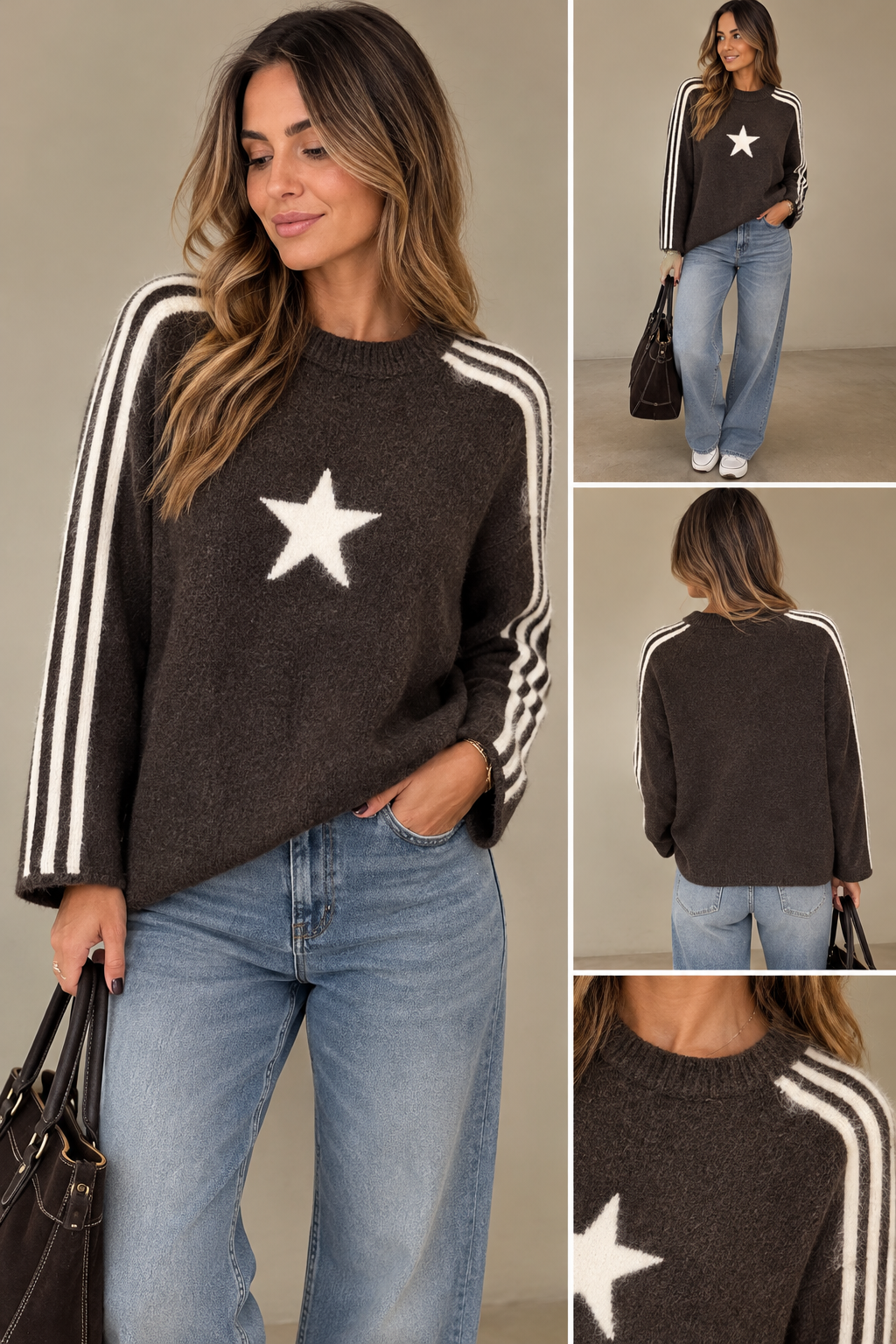 Pull femme chocolat à étoile écrue – Rayures sur les manches