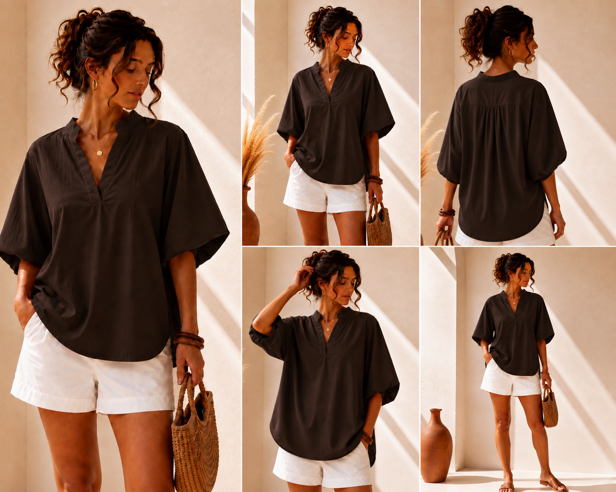 Tunique 100 % Coton – Manches Bouffantes - Chocolat