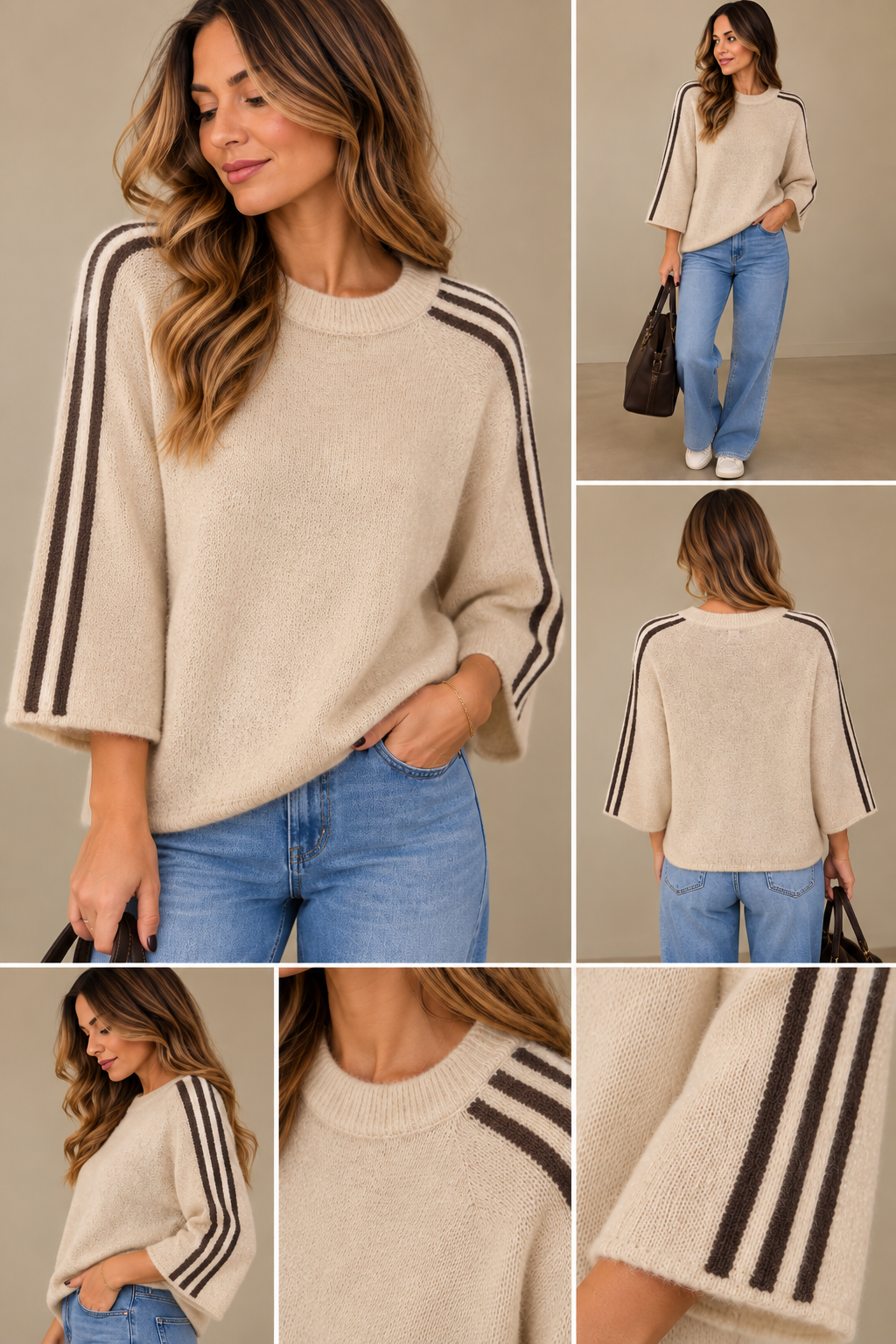 Pull en maille douce Beige – Rayures chocolat