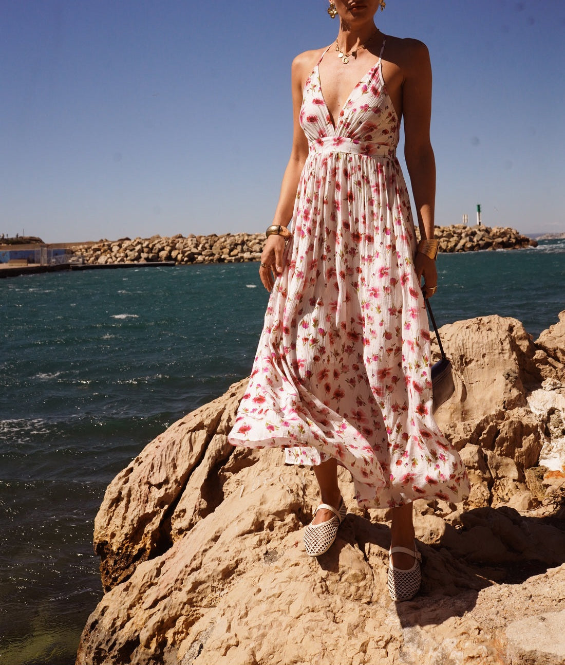 Robe longue dos nu fleurie - 100 % coton