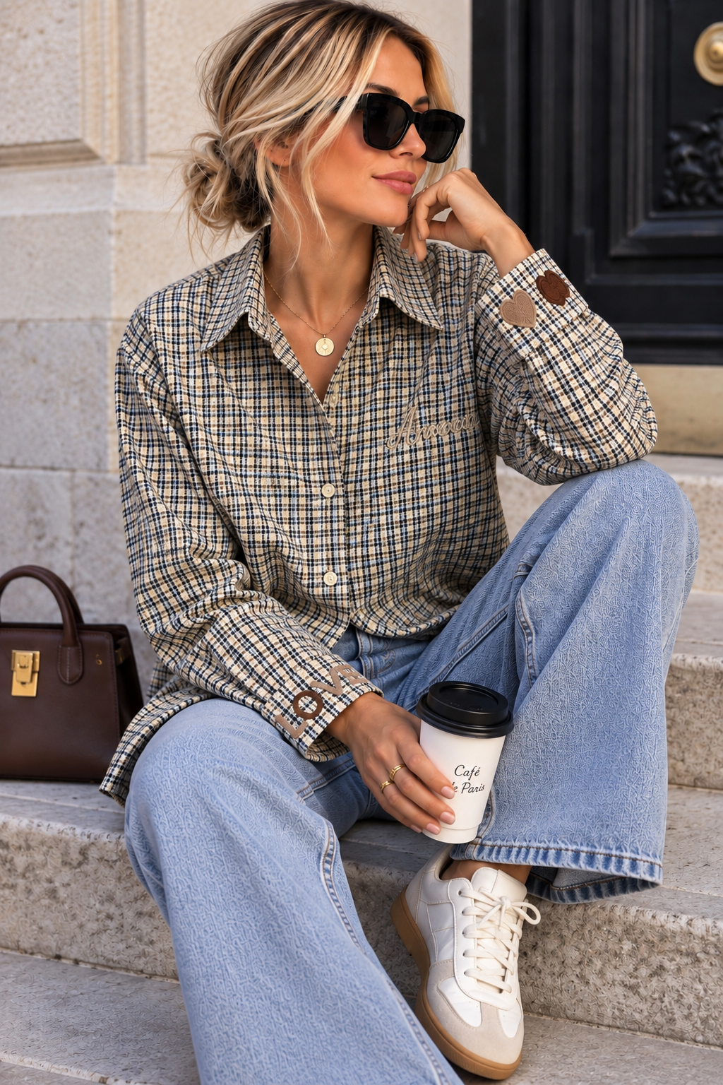 Chemise à carreaux LOVE – Beige & Chocolat