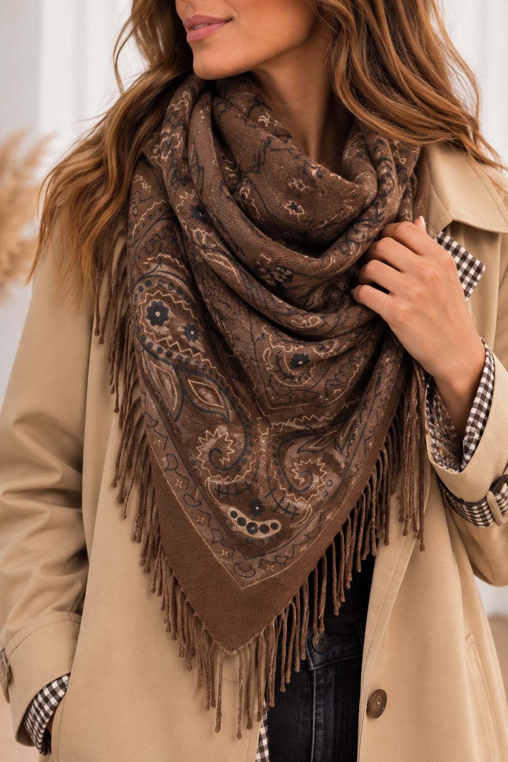 Foulard bandana à franges - chocolat