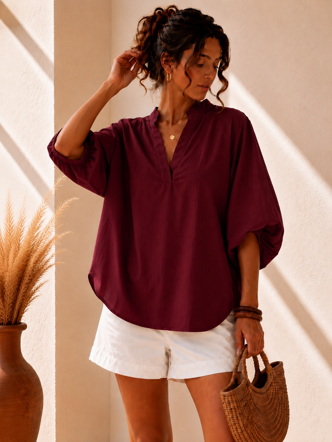 Tunique en coton – Manches bouffantes - Bordeaux