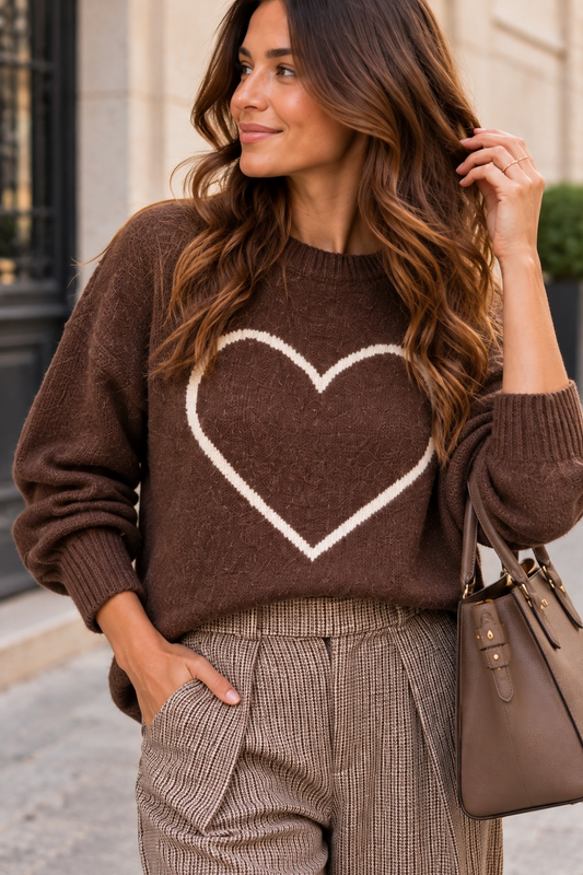 Pull femme chocolat à cœur écru – Maille douce et tendance
