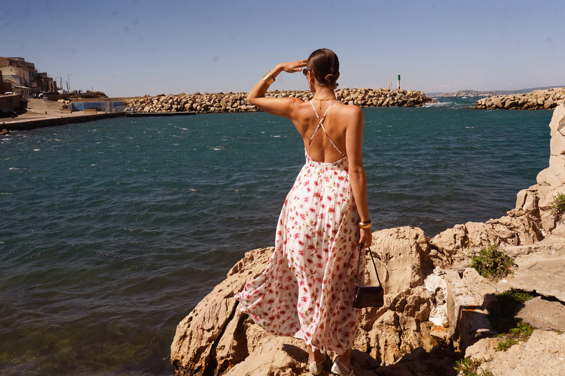 Robe longue dos nu fleurie - 100 % coton