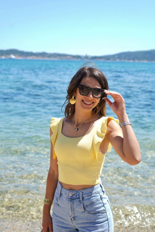 Top jaune côtelé à volants – Style bohème chic