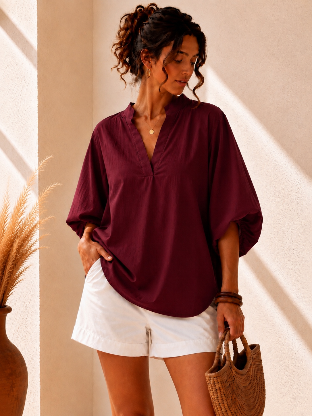 Tunique en coton – Manches bouffantes - Bordeaux
