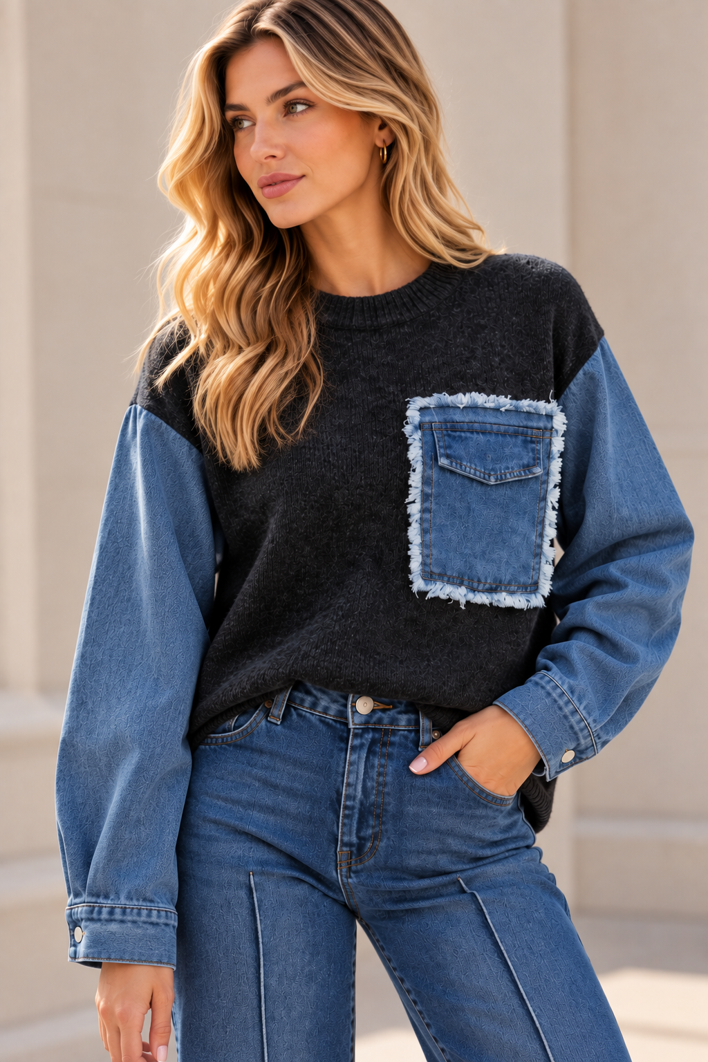 Pull femme bi-matière maille et jean – Manches denim