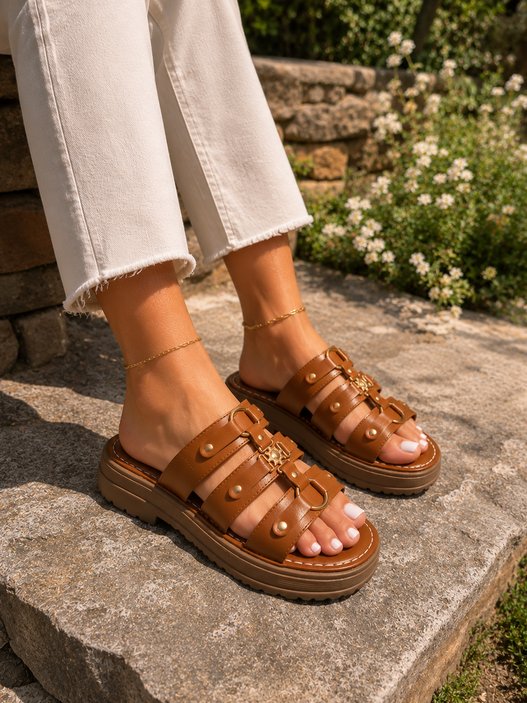 Sandales Camel à Brides Dorées – Confort & Style au Quotidien