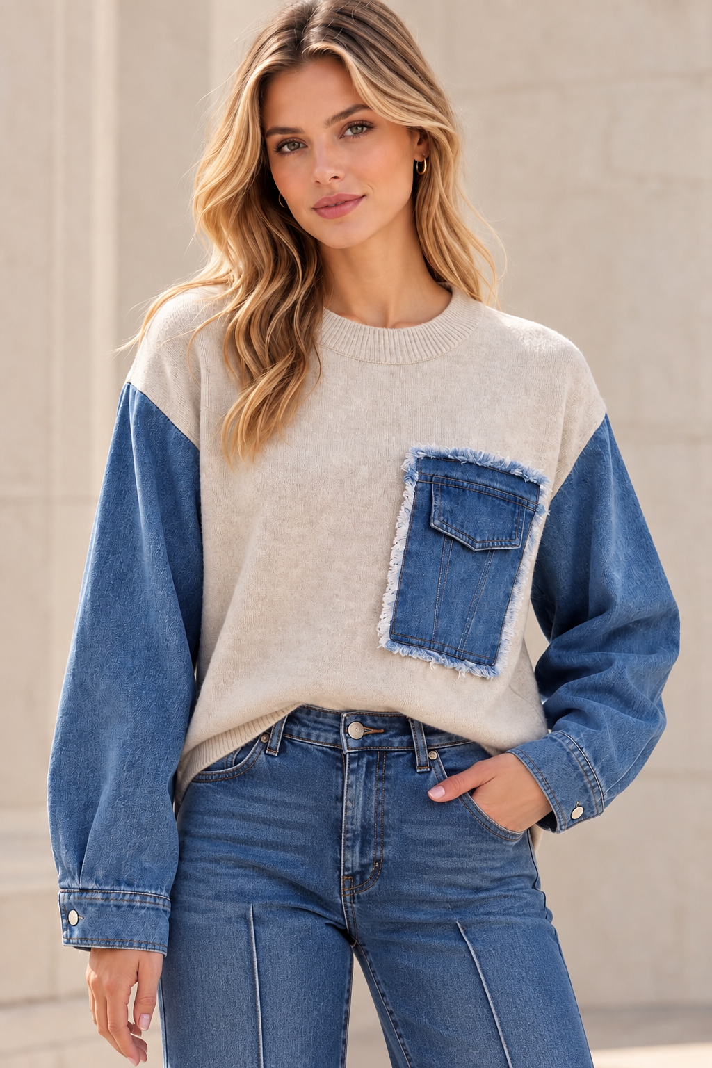 Pull femme bi-matière maille et jean – Manches denim
