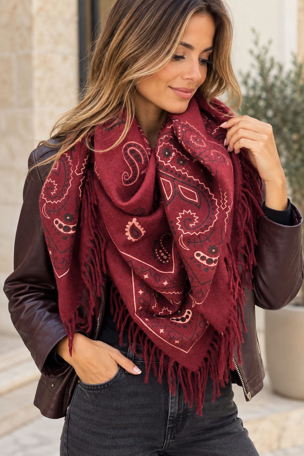 Foulard bandana à franges - chocolat