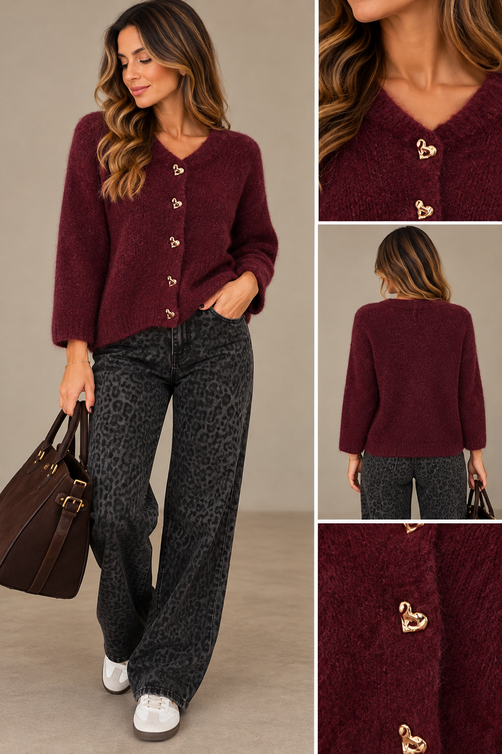 Cardigan bordeaux en maille douce – Boutons cœurs dorés