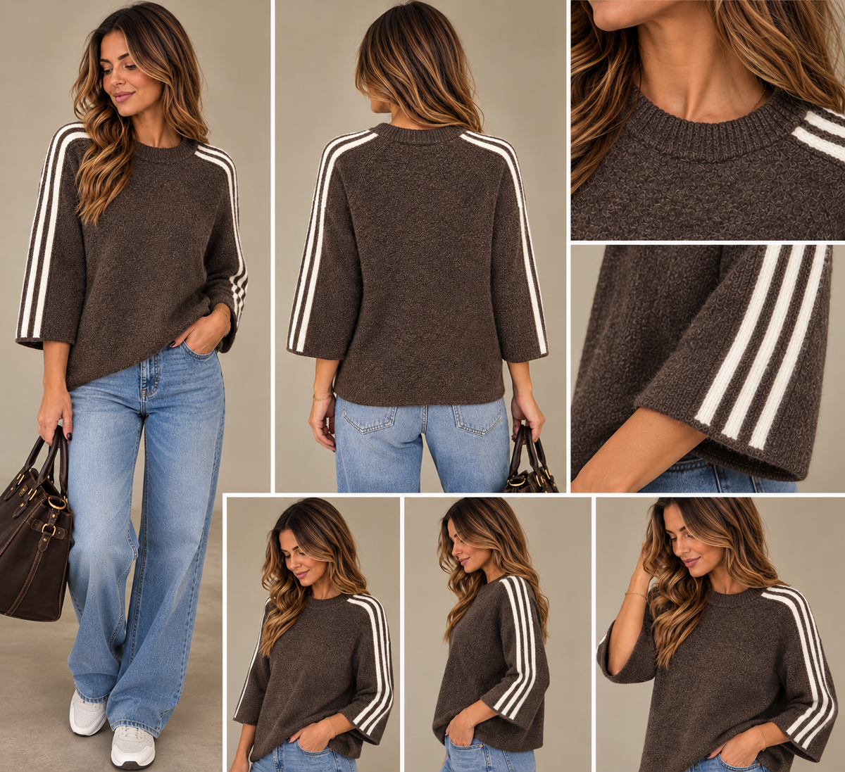 Pull en maille douce chocolat – Rayures Beige