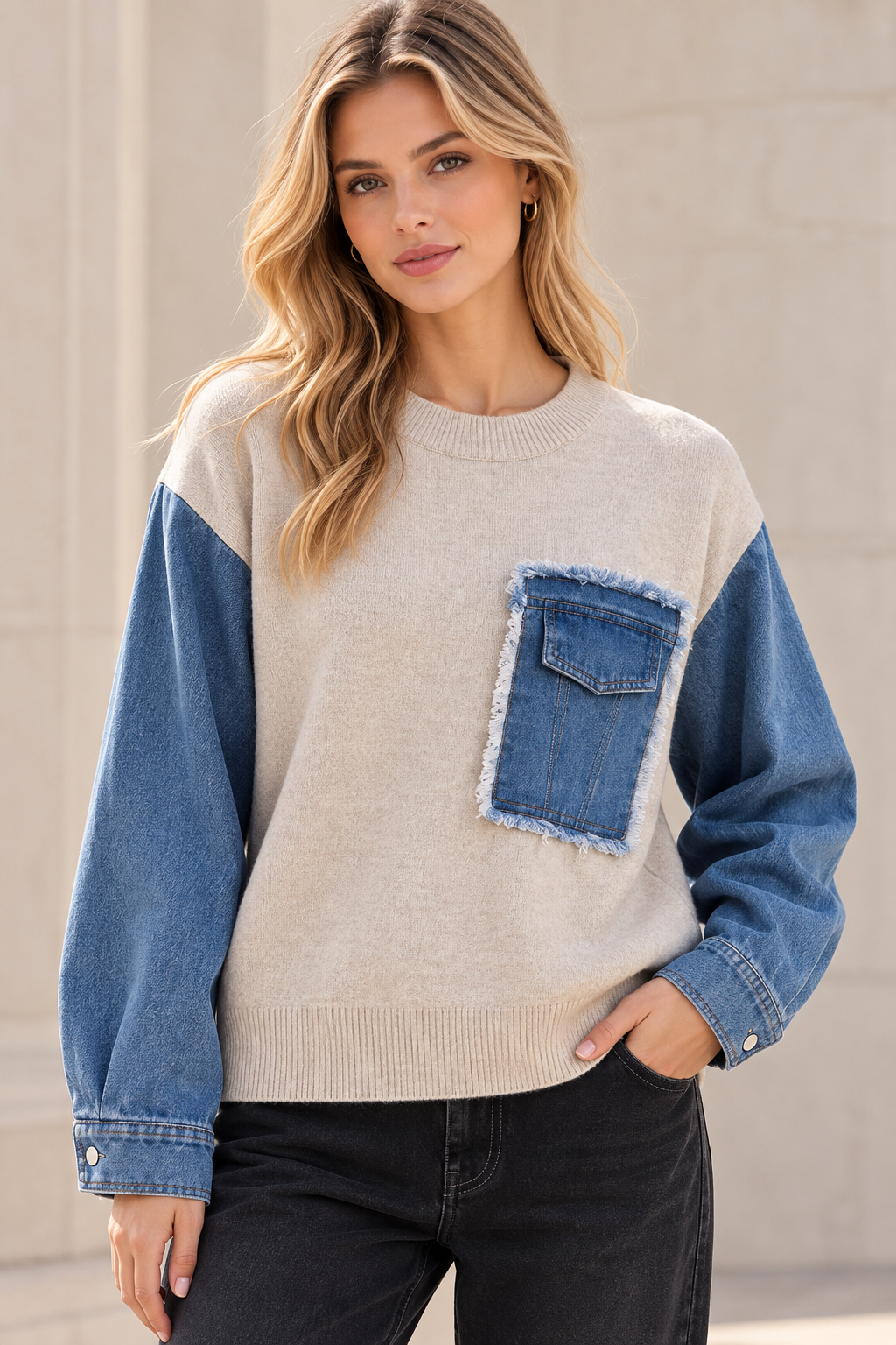 Pull femme bi-matière maille et jean – Manches denim