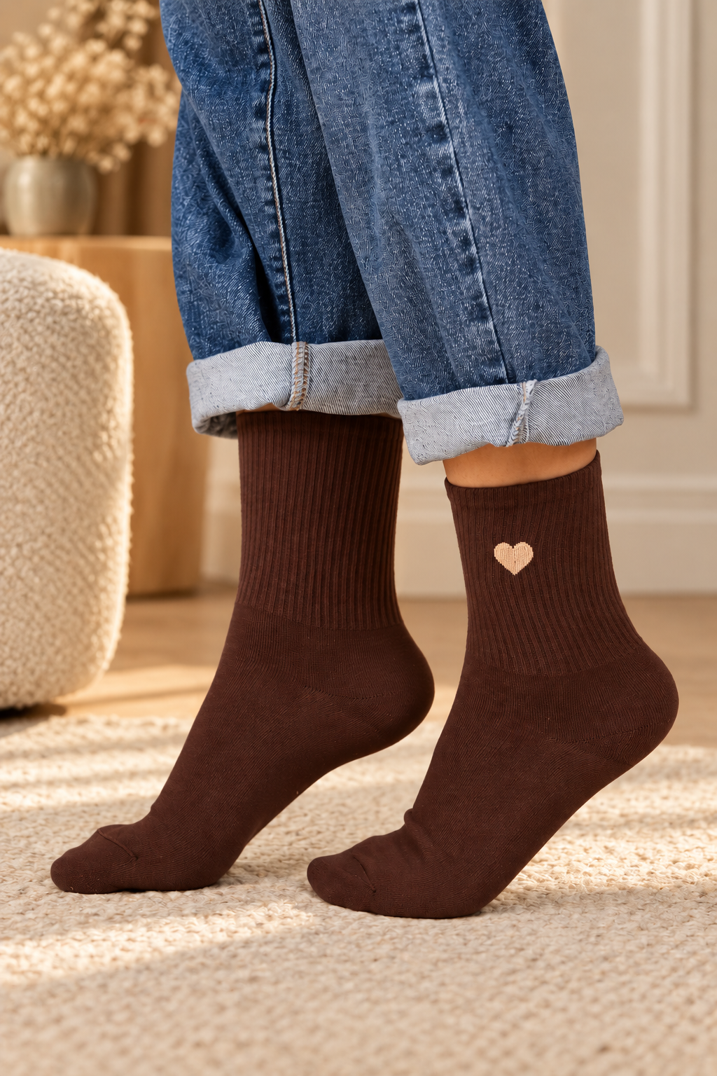 Chaussettes femme cœur doré – Chocolat 🤎