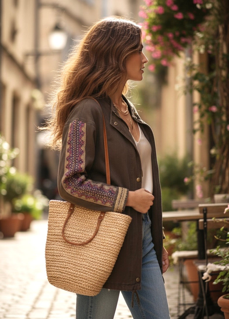 Veste chocolat à galons brodés - 100% coton