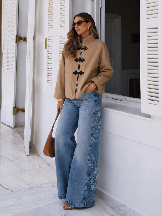 Jean Palazzo Femme Brodé Fleurs – Taille Haute & Coupe Wide Leg
