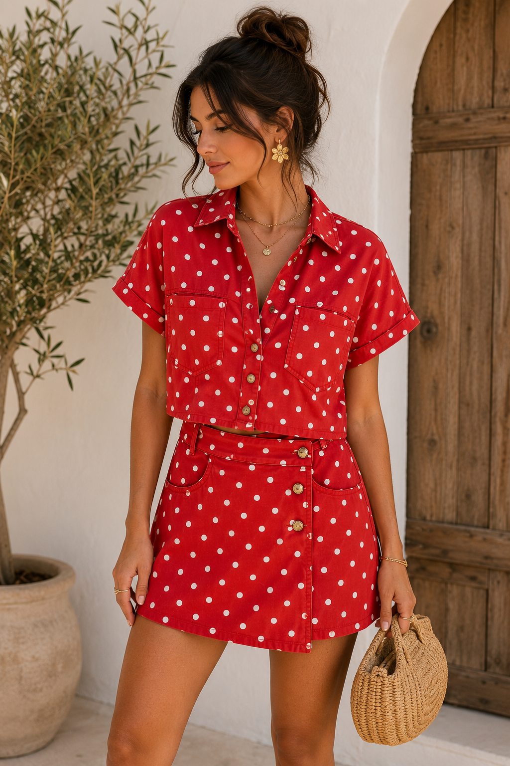 Chemise rouge à pois blancs