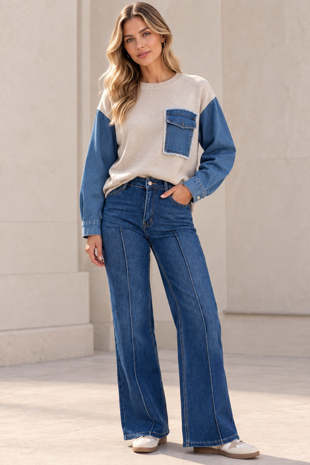 Pull femme bi-matière maille et jean – Manches denim