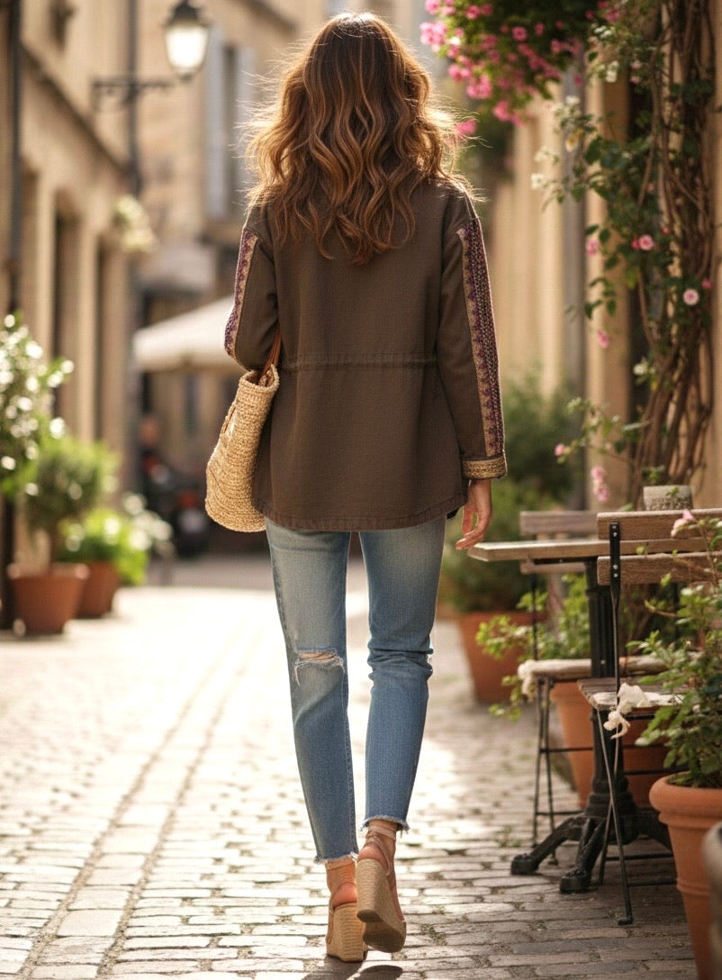 Veste chocolat à galons brodés - 100% coton