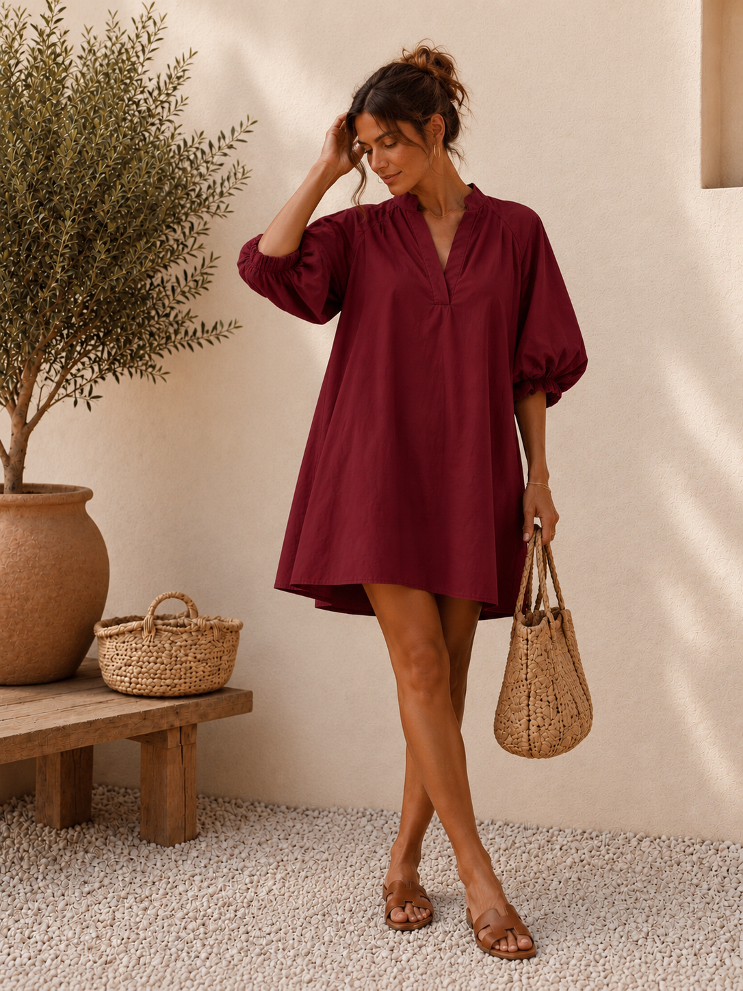 Robe chemise bordeaux - 100% coton