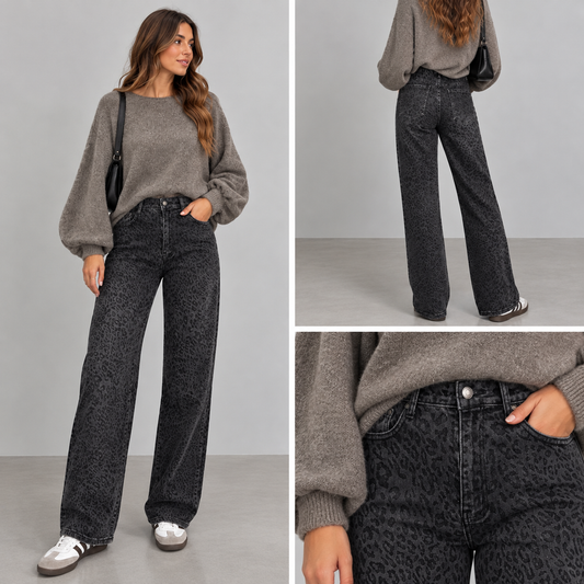 Jean Léopard Noir – Coupe Wide Leg