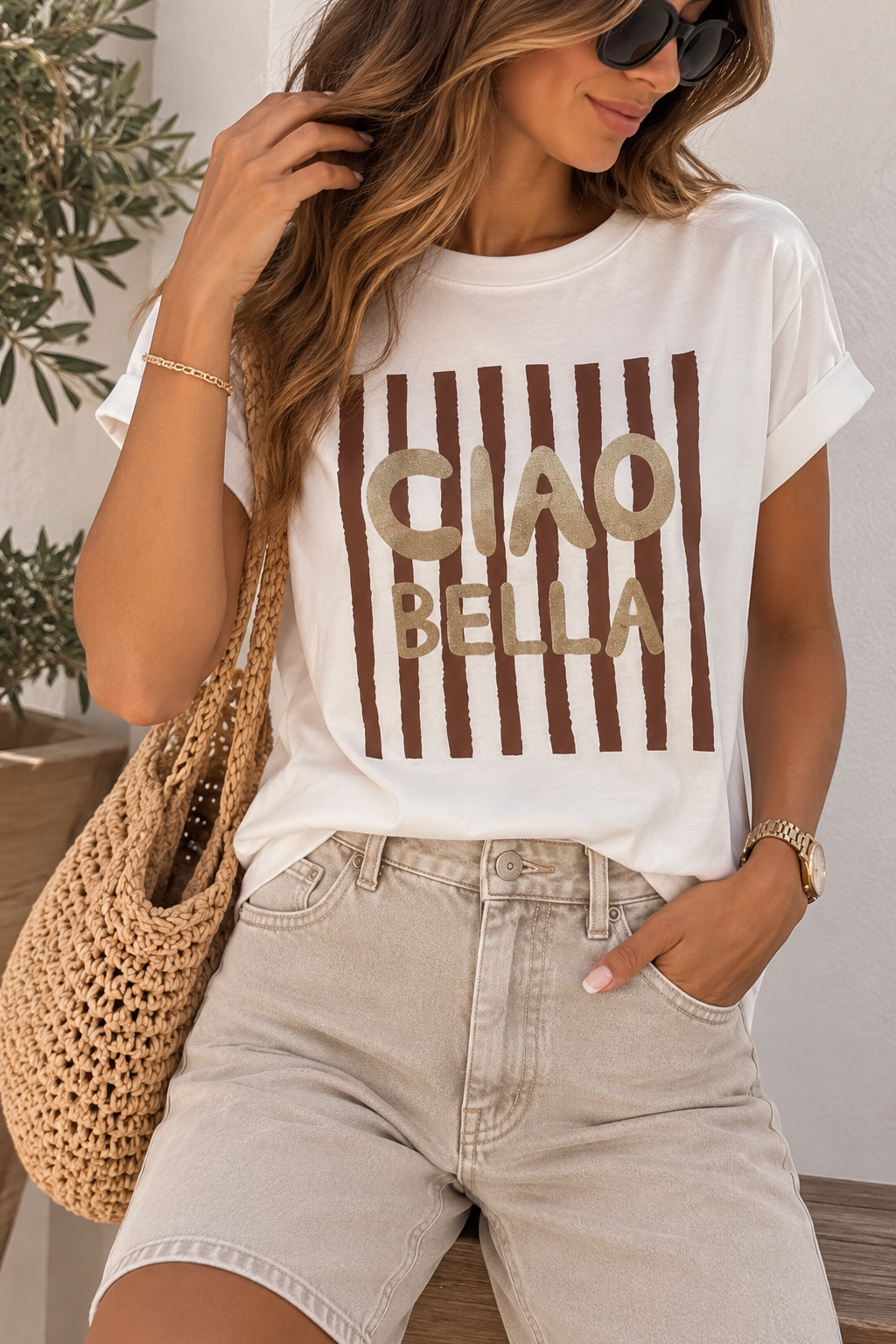 T-shirt blanche "Ciao Bella" 100% Coton – Écru & Chocolat – Taille Unique