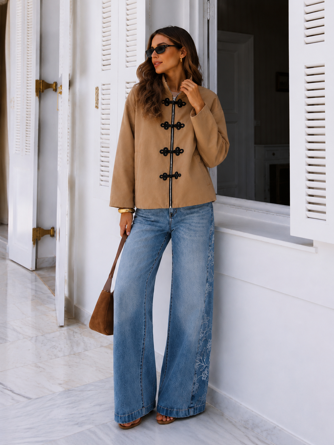 Jean Palazzo Femme Brodé Fleurs – Taille Haute & Coupe Wide Leg